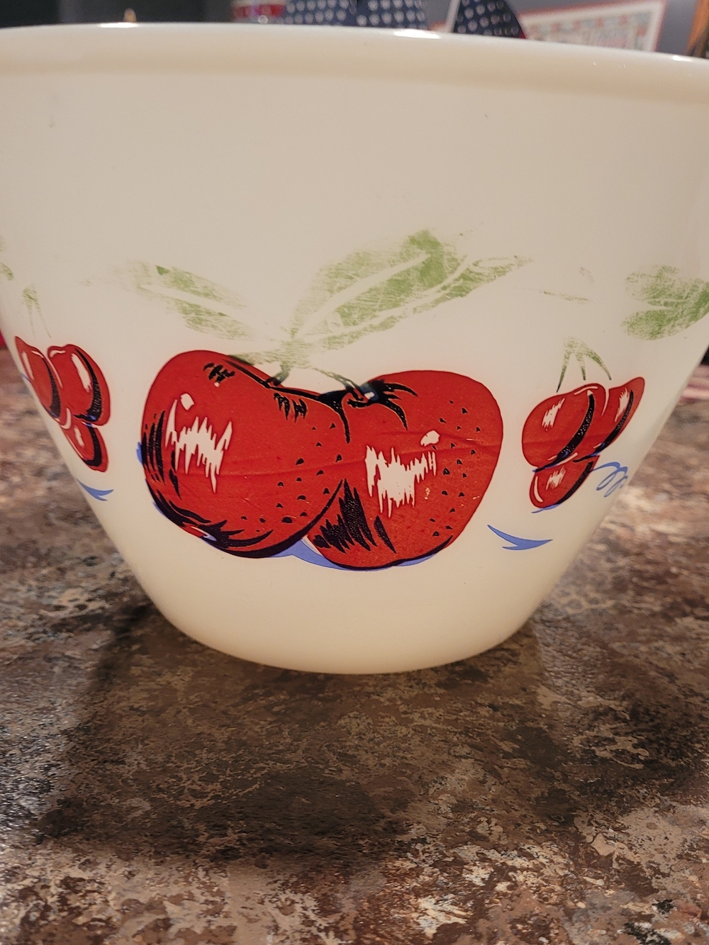 vintage Fire-King "Apples and Cherries" Milk Glass mixing bowls. Set Of 3. - Picture 4 of 16